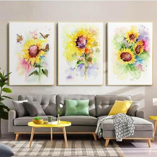 Nordic Watercolor Sunflower and Butterfly Poster Decorative Picture Modern Canvas Painting Botanical Art Print Wall Home Decor