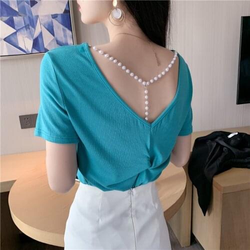 Casual T Shirt Women Summer 2021 Korean Style Cute Pearls Beading Backless Round Neck Short Sleeve T-Shirt Knit Cotton Tops T637