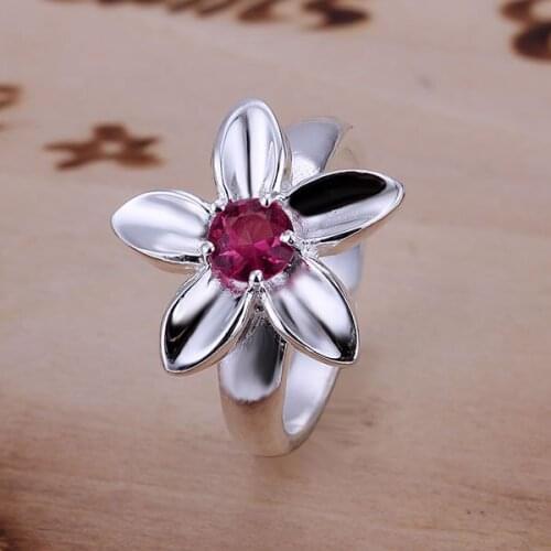 R053 Silver Plated Rings For Women Wholesale Free Shipping Charm Christmas Gifts Fashion Jewelry Inlaid Rose Ring-Red Stone