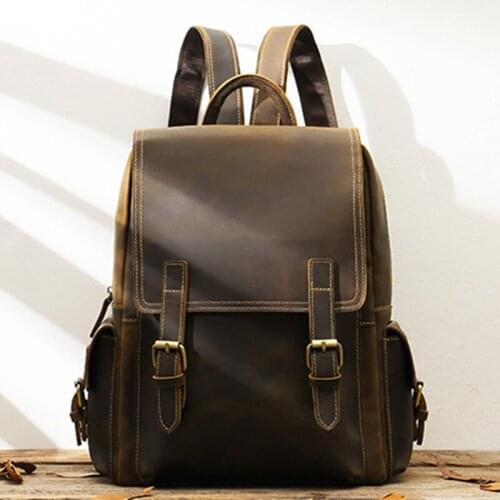 Leather Casual Mens Backpack Travel Backpack Retro British Bag Computer Bag Head Layer Cowhide Crazy Horse Leather Cow Leather