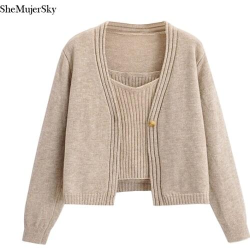 SheMujerSky Women Cropped Knitted Khaki Cardigans And Cami Tops 2021 Long Sleeve Sweaters Tops Matching Set