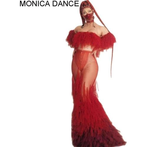 Sexy Stage Red Neck Mesh Perspective Party Evening Dress Women Wedding Celebration Prom Nightclub See through Dress Stage Wear