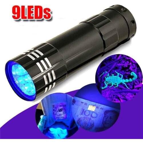 Ultraviolet Light Torch Lamp 9 LED Super Mini Flashlight Black Ultraviolet Lights Aluminum Light UV Torch Lamps Home Accessories