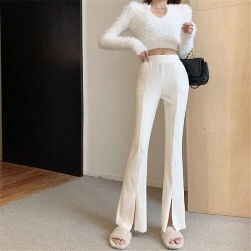 All-Match Slim High Waist Flare Pants Women Elegant Korean Split Fork Pants Female 2021 Spring Autumn Fashion White Trousers
