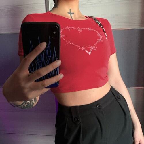 Heart Diamond Printed Y2K Crop Tops Women Vintage Retro Aesthetic 90s Tees Casual Crewneck Short Sleeves Tshirts