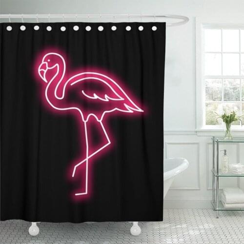 Black Line Pink Flamingo Neon Colorful Summer Tropical Waterproof Polyester Fabric Shower Curtain 72 x 72 inches Set with Hooks
