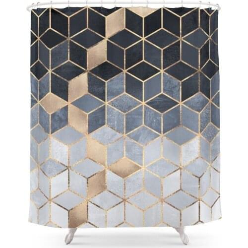 Soft Blue Gradient Cubes Shower Curtain Polyester Fabric Bathroom Home Decoration Waterproof Print Shower Curtains with Hooks