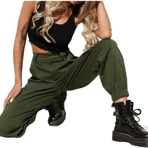 2021 Women High Waist Sports Pants Solid Color Casual Zipper Side Pockets Trousers Chain Decoration Cargo Pants