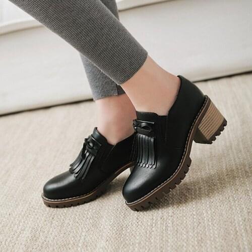 Big Size 11 12 ladies high heels women shoes woman pumps Fringed coarse-heeled single-shoe deep retro womens shoes