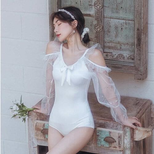 2021 New Fashion And Elegant Pure Color Skinny Korean Lace Long Sleeve Sequins Embellished Bowknot Decorated Hot Spring Swimsuit