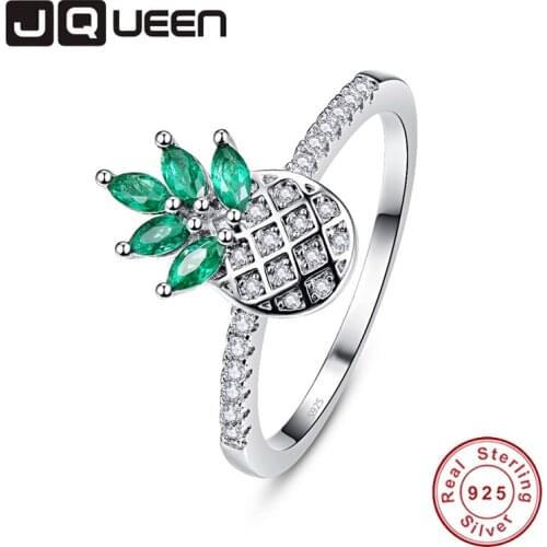 JQUEEN Pineapple Emerald Green Leaf Horse EyeRings For Women Silver Ring 925 Jewelry Pave Setting Crystal Jewelry Bijoux Femme