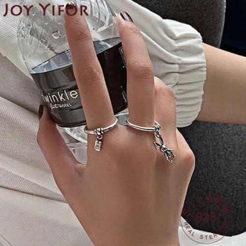 925 Sterling Silver Finger Rabbit Pendant Rings for Women New Fashion Vintage Handmade Smiley Face Party Jewelry Gifts