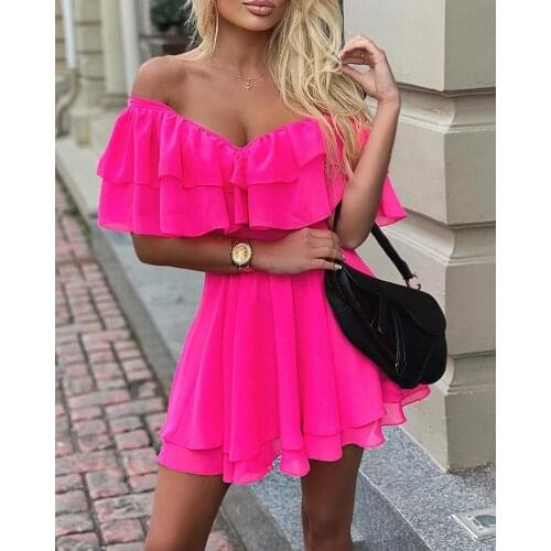 Elegant Off Shoulder Ruffle Fit Flare Dress Women Solid Casual Dress Summer Dress Mini Elegant Dress