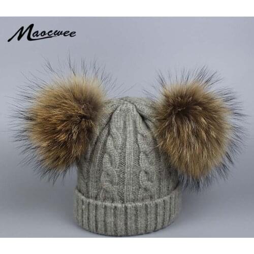 Winter Baby Hat and Scarf for Girls and Boys Winter Children Knitted Crocheted Wool Hats Natural Mink Fur Pompons Cap Bone Gorro