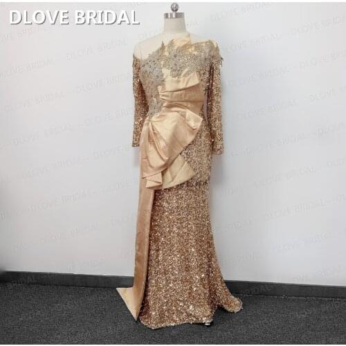 Gold Special Occassion Dress Long Sleeves Mermaid Prom Evening Party Dresses Factory Custom Made