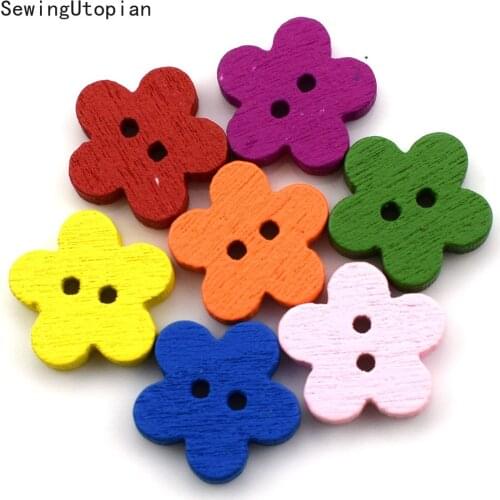 100PCS Random Mixed Dot Flowers 2 Holes Pattern Wood Sewing Buttons Scrapbooking 11MM Wood Button