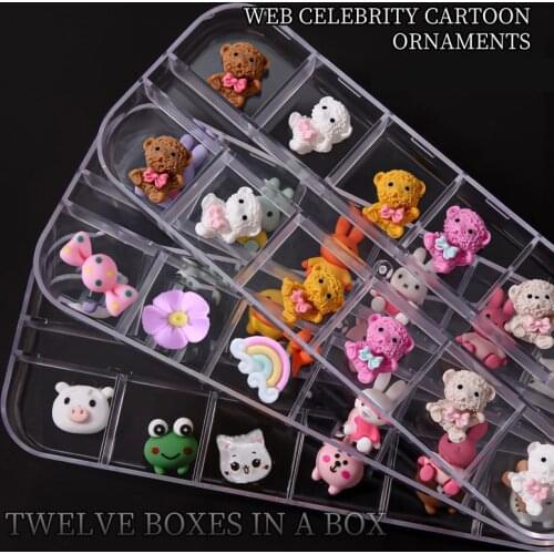 12pcs(12Girds)/Strip Box Comics and Animation Design Charms Nail Art DIY Gems Mouse/Cat/Rabbit/Bear/Frog Manicure Charms#Mix Sha