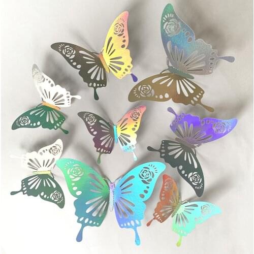12Pcs Beautiful Butterfly 3D Art Wall Sticker Hollow Laser Butterflies Stickers and Decals for Kids Room Home Party Decorations