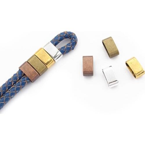 20pcs Tibetan Silver/Bronze/Gold/Copper 10x5mm Leather Slider Double 5mm Round Leather Slider Spacers Open Hook Tighten Beads