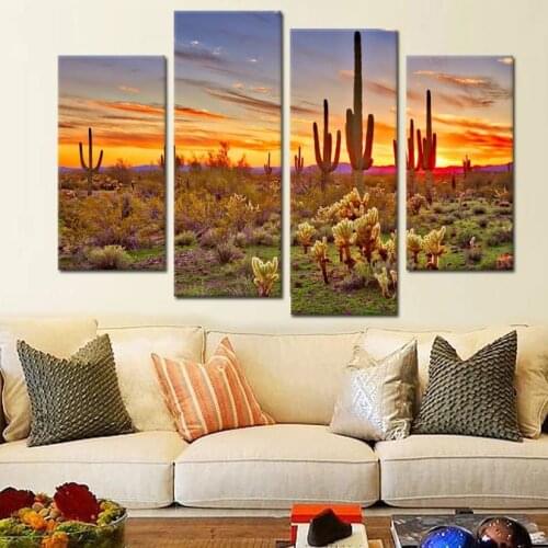 No Framed 4 Pcs Colorfull Sunset with Saguaros Wall Art Canvas Posters Pictures Paintings Home Decor for Living Room Decoration