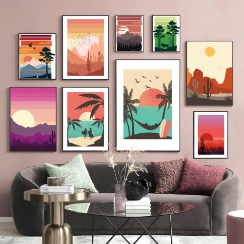 Abstract Mountain Sun Tree Cactus Bird Couple Wall Art Canvas Painting Nordic Poster And Prints Wall Pictures For Living Room