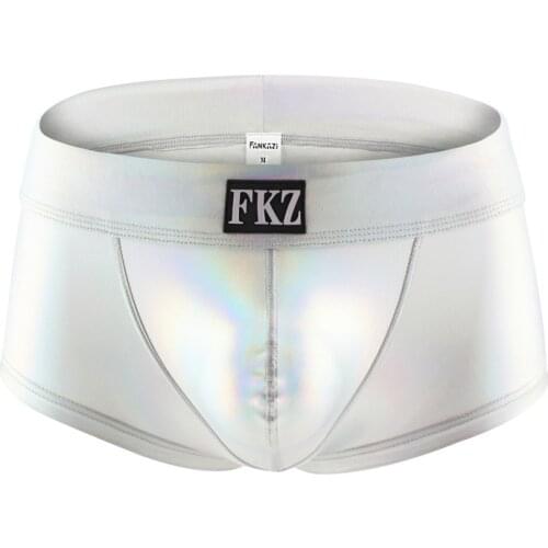 Men Boxer Low Rise PU Leather U Bulge Underwear Shorts Sexy Male Gay Party Club Boxers Shorts Ice Silk Underpants Cueca