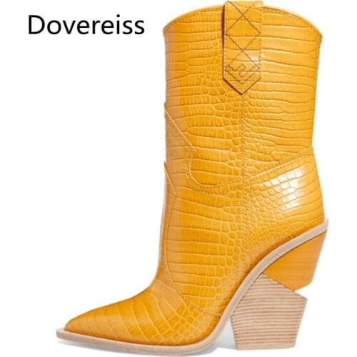 Dovereiss Fashion Womens Shoes Winter sexy Pointed Toe Pure color yellow pink blue Slip on Elegant Ankle boots 34-48