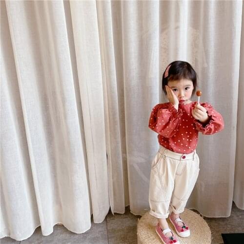 2021 childrens autumn new products, girls' autumn style, Korean style polka dot long sleeve shirt, puff sleeve shirt