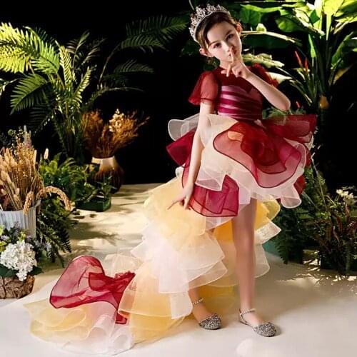 Flower Girl Dresses Illusion Elegant O-Neck Short Princess Knee-Length Tulle Lace Luxury Red Tiered Lovely Kids Party Gown H442