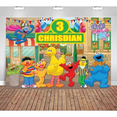 Sesame Happy Birthday Photography Backdrops Street Elmo World Party Bricks Wall Photo Background for Pictures Customize