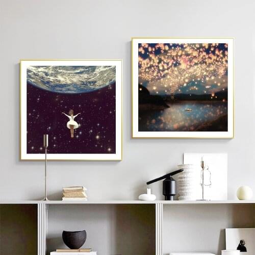 Wish Lanterns for Love Art Canvas Painting Modern Posters And Prints Girl And Universe Wall Pictures For Living Room Decor