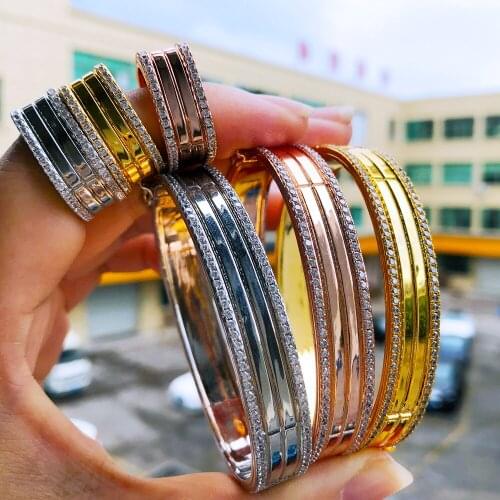 Original Design Luxury Sweet Wide Bangle Ring Jewelry Set For Girl Gift Bridal Wedding Accessories High Quality Cubic Zirconia