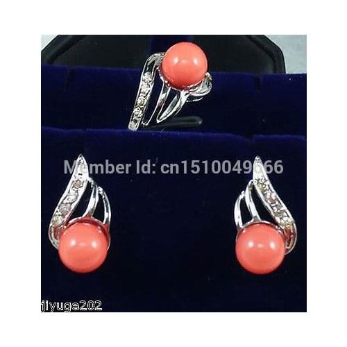 Hot sale beautiful silver plate coral earring ring 7 8 9# Set
