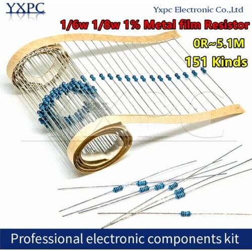 100pcs 1/6w 1/8w 0.125w 1% Metal film Resistor 1R~1M 0 2.2R 10R 22R 47R 51R 100R 150R 470R 1K 4.7K 10K 47K 1 2.2 10 22 47 51 100