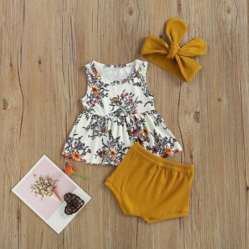 Baby Girls Fashion Three Piece Clothes Flower Print Sleeveless Top And Solid Color Short Pants With Headband Kids Birthday Party