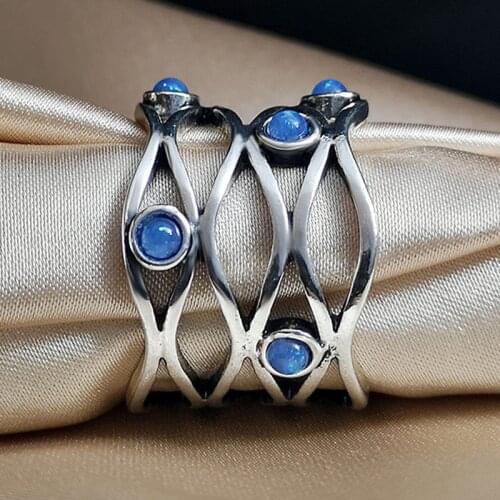 Fashion Multi-layer Blue Opal Stone Rings Charms Jewelry Hollow Out Twist Winding Weave Silver Color Finger Rings