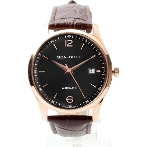 Seagull Thin 10mm Genuine Leather Men Wristwatch Golden Tone Exhibition Back Self Wind Automatic Mechanical Mens Watch D519.438
