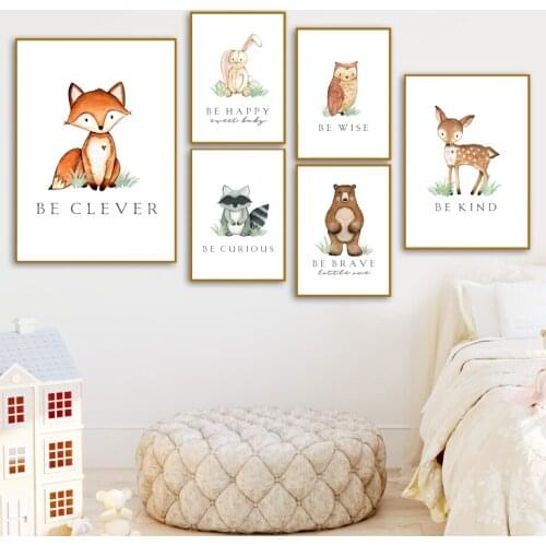 Owl Rabbit Deer Raccoon Bear Fox Grass Cartoon Wall Art Canvas Painting Nordic Posters And Prints Wall Pictures Kids Room Decor