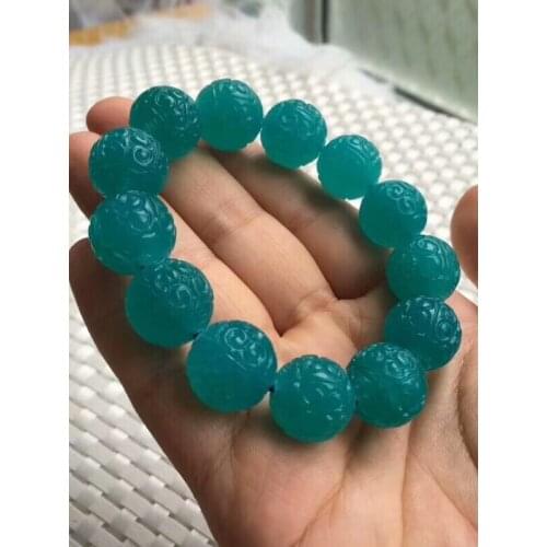 Genuine Natural Ice Green Amazonite Gems Clear Round Beads Craved Bracelet Big Size Women Man Fashion Bracelet 16mm AAAAA