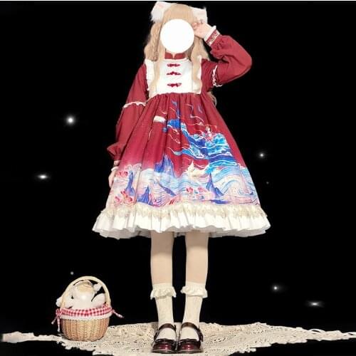 Original Chinese Style Japanese Style Retro Cute Lolita Long Sleeve Op Dress for Women Autumn and Winter red lolita dress