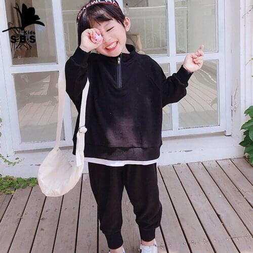 2019 Autumn and Winter Childrens Clothes of Girls New Kids Sweater Suit Long-sleeved Solid Color Round Neck Two-piece Set