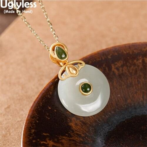 Uglyless Classic China Cultural Peace Buckle Gemstones Necklaces No Chain Natural Jade Pendants for Women 925 Silver Retro Jewel