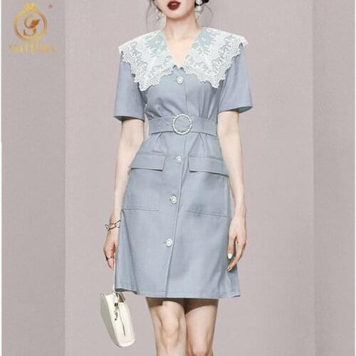 SMTHMA New Fashion Casual Summer Dress For Women Lace Collar Short Sleeve High Waist Mini Dresses Female Fashion Clothes