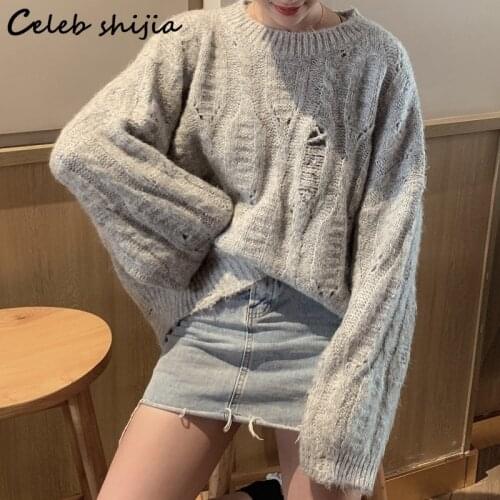 SHIJIA Vintage Hole Sweaters Woman Clothes Fall 2021 Long Sleeve Gray Knitted Korean Autumn Winter Loose Warm Jumper Lazy