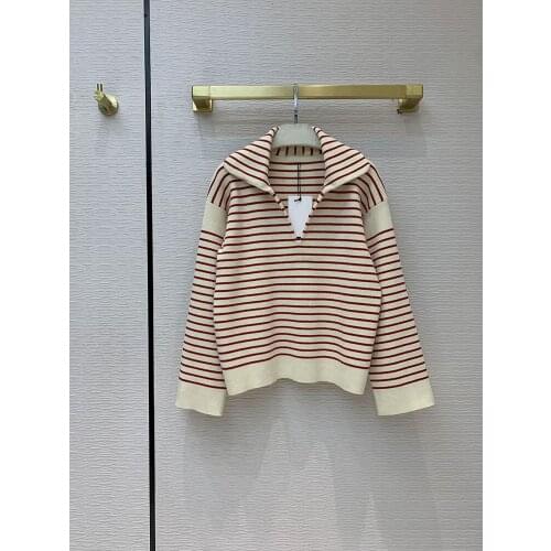 Luxury Stripes Brand Sweater Pullovers 2021 Early Autumn Women New Casual Color Matching Lapel Loose Knit Tops Sweaters
