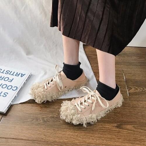 Plus velvet warm round Lace-up flats shoes head flat pedals cotton shoes hair ball shoes single shoesfemale winter shoes U16-41