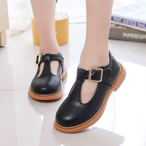 T-strap Metal Buckle Vintage Classic Kids Casual Shoes Children Leather Shoes for Girls School Flats Black Leather Shoes 26-36