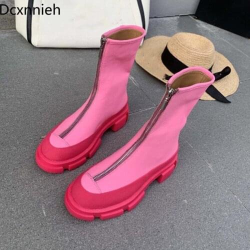 Autumn 2020 Red Thick Sole Front Zip Ankle Boots Women Genuine Leather Round Toe Chelsea Boots Woman Knight Boots Woman Mujer