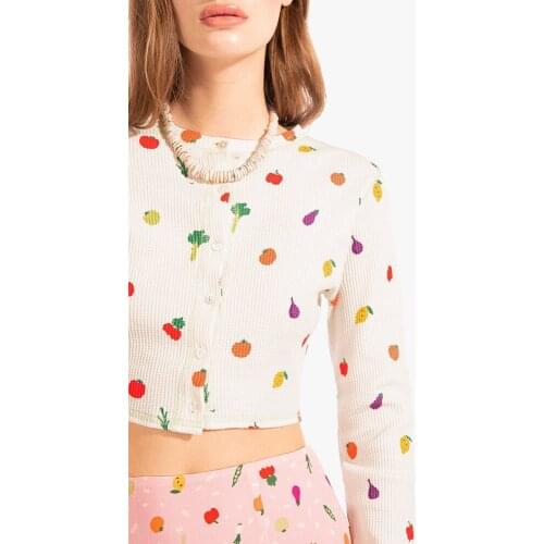 Tops Women 2020 Summer Button Up Crop Top Women Tshirt Long Sleeve Cute Small Fruit Print T Shirt Woman Clothes Camisetas Mujer