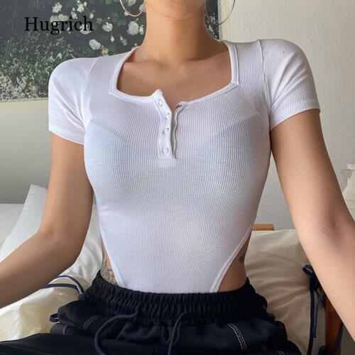Women Summer Knit Sexy Romper Adults Ribbed Square Collar Short Sleeve Bodysuit Black White